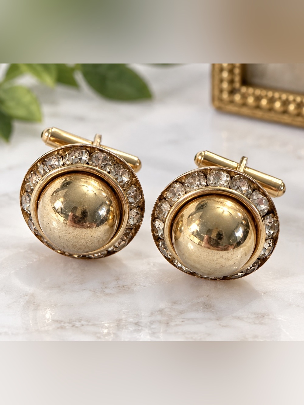 Vintage 1960s Gold Tone Rhinestone Cufflinks Mid Century